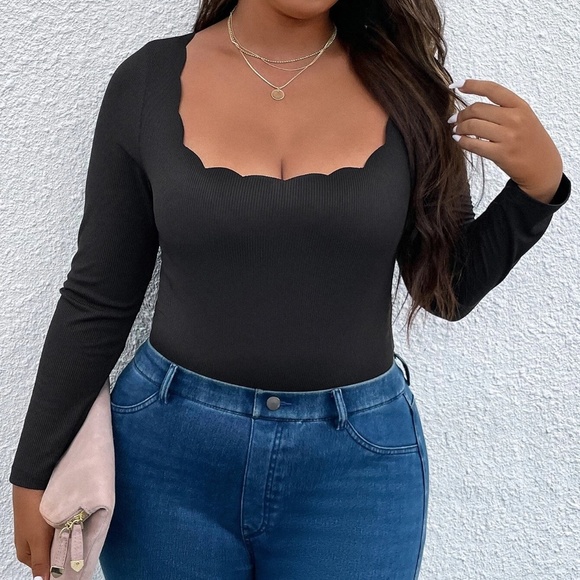 Plus Black Ribbed Long Sleeve Bodysuit - Picture 2 of 4